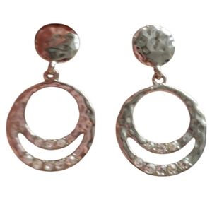 Silvertone Hammered Hoop Earrings Crystal Embellishments